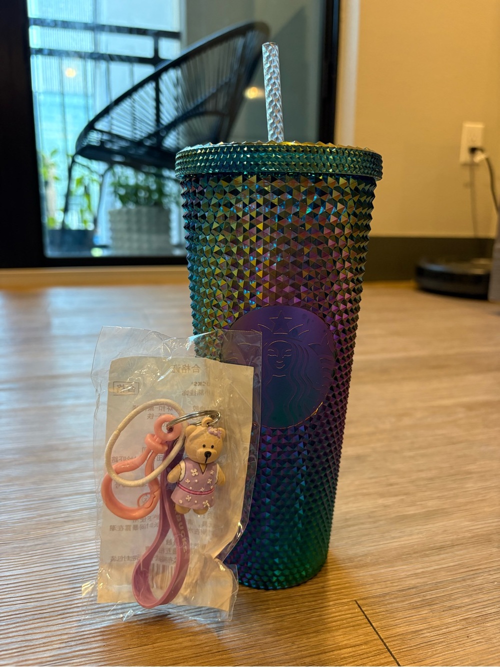 Starbucks 2023 Oil Slick Rainbow Studded Tumbler 24oz & Bearista Keychain
